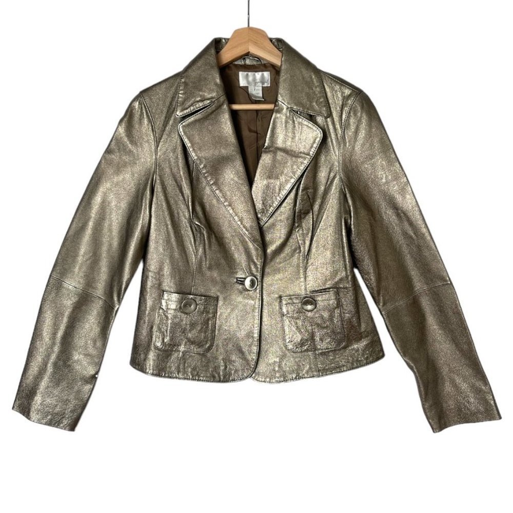 Y2k Spiegel Metallic Bronze Gold Soft pebbled Leather Crop Blazer Jacket Size 10